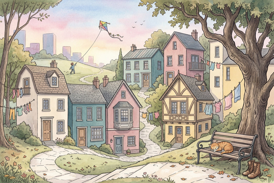 Pastel Village Wallpaper Landscape Illustration Cozy Neighborhood Removable Wall Decor pattern artwork