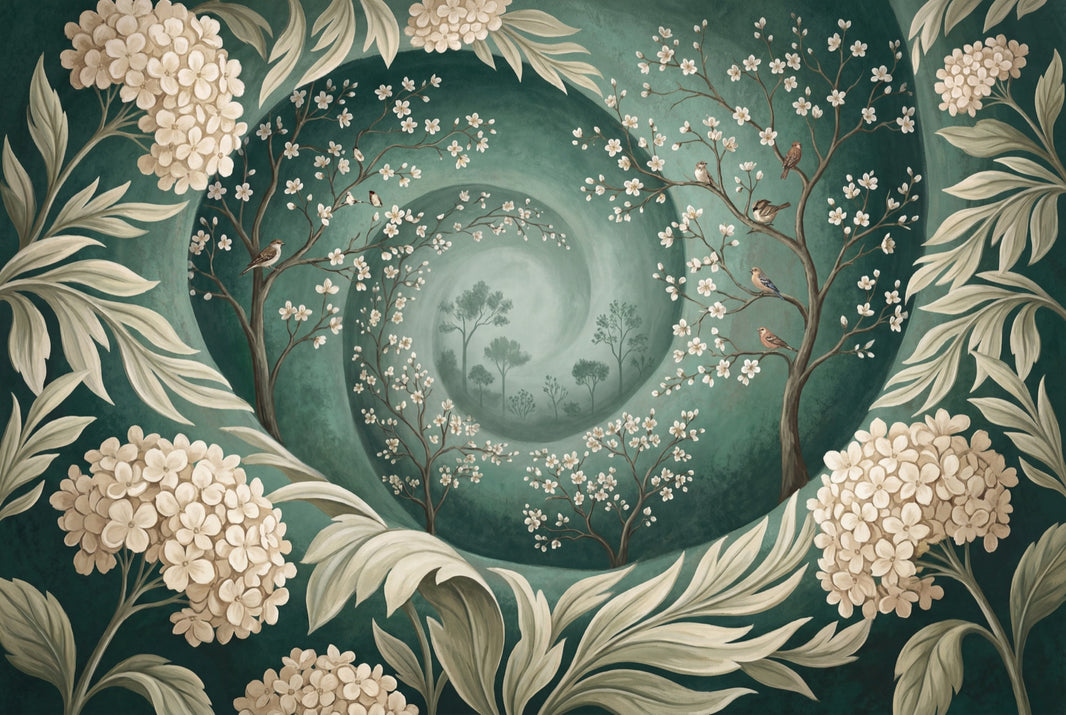 Vintage Mural Wallpaper Dark Teal Green Removable Blossom Branches Wall Decor pattern artwork