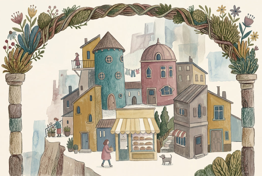 Whimsical Village Wallpaper Mediterranean Town Bakery Storefront Removable Wall Decor pattern artwork