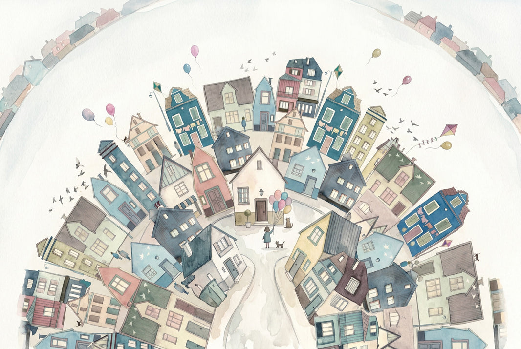 Whimsical Town Wallpaper Circular Village Removable Pastel Houses Wall Decor pattern artwork