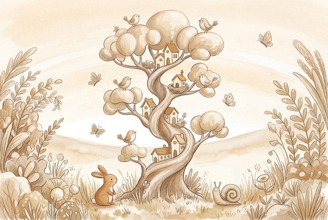 Whimsical Landscape Wallpaper Storybook Illustration Tree With Houses Removable Wall Decor pattern artwork