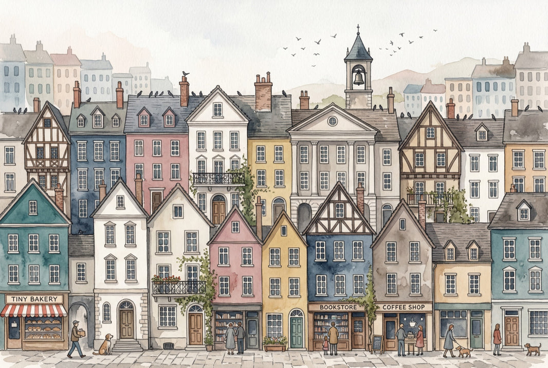 European Streetscape Wallpaper Watercolor Town Removable Pastel Buildings Wall Decor pattern artwork