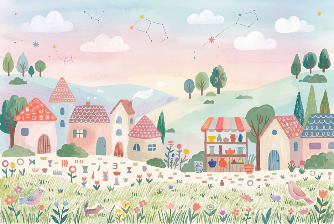 Pastel Landscape Wallpaper Storybook Village Watercolor Illustration Removable Wall Decor pattern artwork