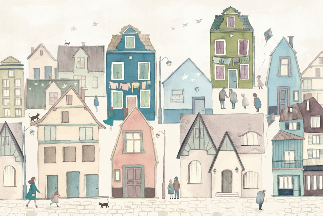 Village Wallpaper Pastel Watercolor Wall Mural pattern artwork