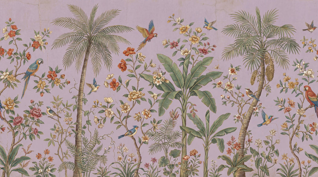 Tropical Birds Wallpaper Purple Background Vintage Tropical Wall Decor pattern artwork