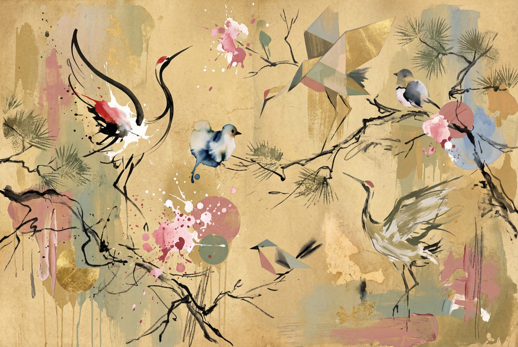 Muted Green Wallpaper Oriental Bird Wall Mural pattern artwork