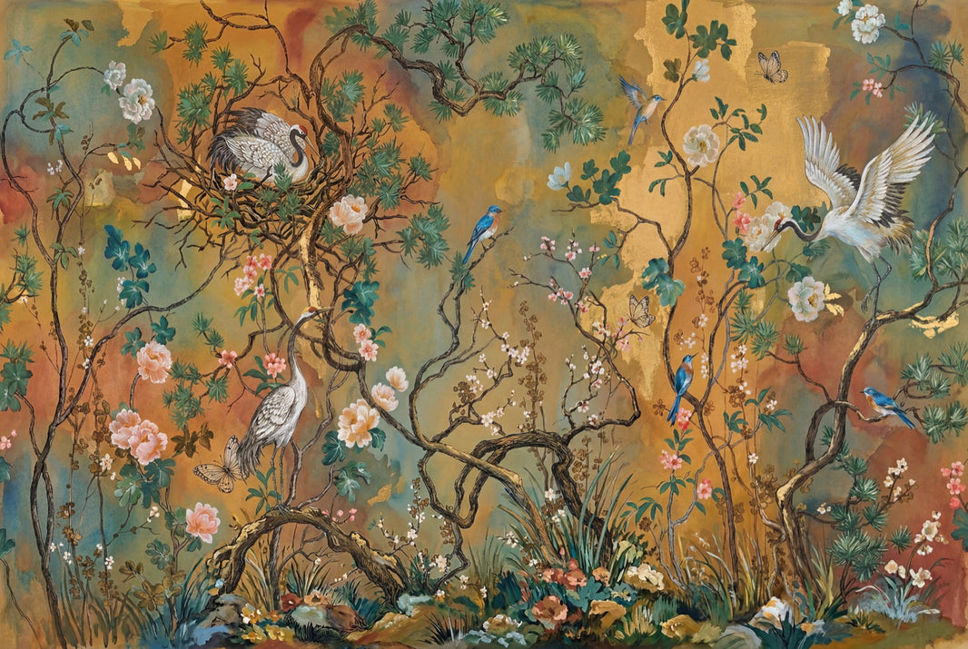 Chinoiserie Wallpaper Floral Branches Cranes Wall Mural pattern artwork