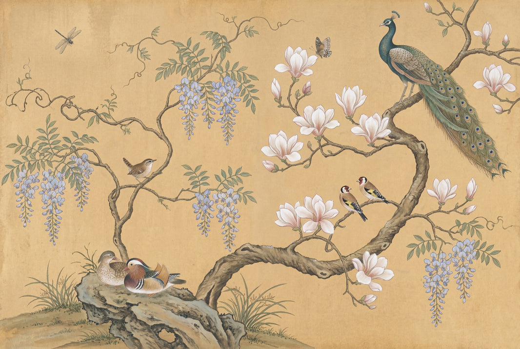 Chinoiserie Inspired Wallpaper Magnolia Blossoms Beige Parchment Background Removable Wall Decor pattern artwork
