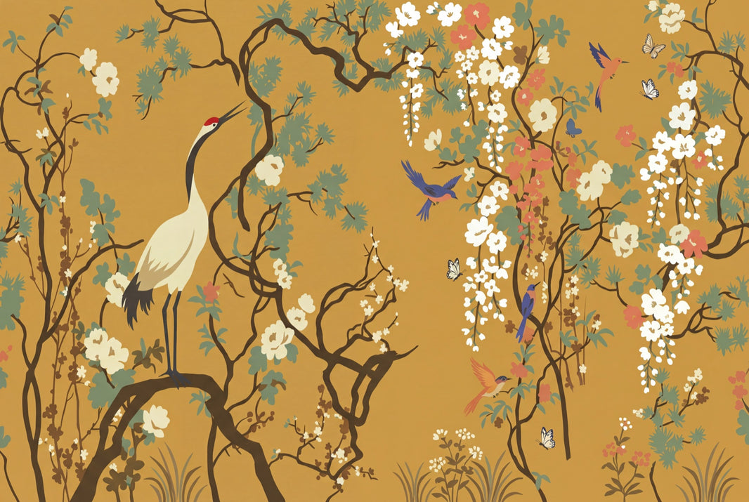 Chinoiserie Wallpaper Gold Background Crane Bird Wall Mural pattern artwork