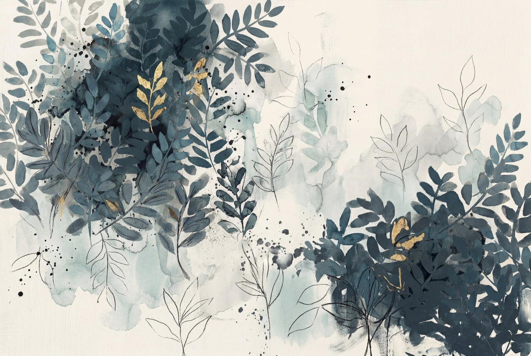 Botanical Wallpaper Watercolor Leaves Navy Blue Foliage Wall Mural pattern artwork