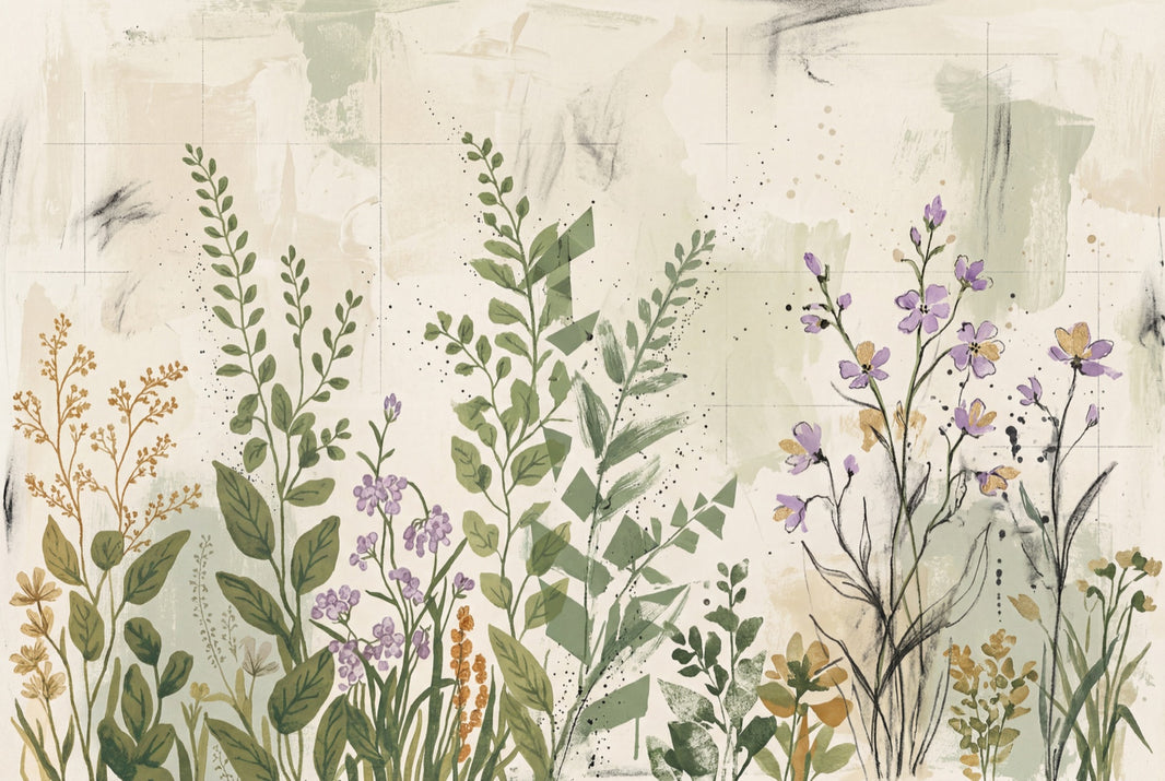 Muted Green Wallpaper Wildflower Watercolor Removable Wall Decor pattern artwork