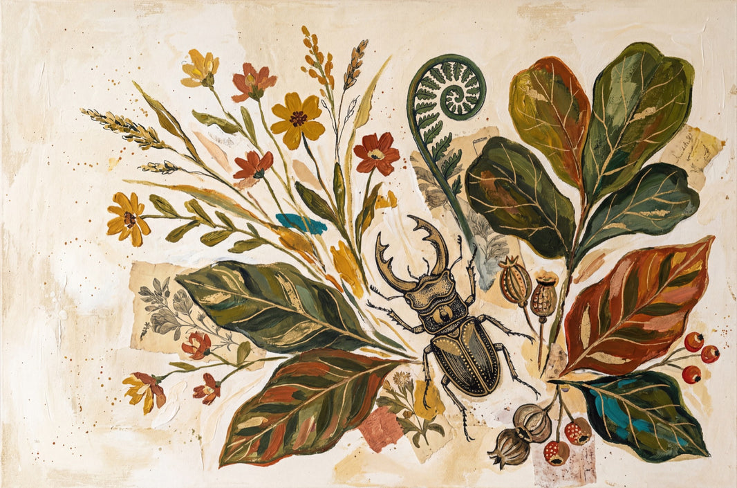 Botanical Collage Wallpaper Stag Beetle Removable Wildflowers Wall Decor pattern artwork