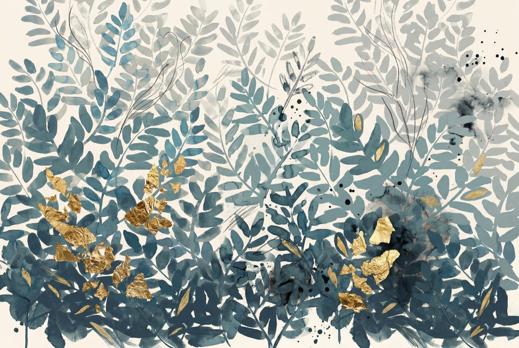 Botanical Leaves Wallpaper Watercolor Teal Blue Foliage Wall Mural pattern artwork
