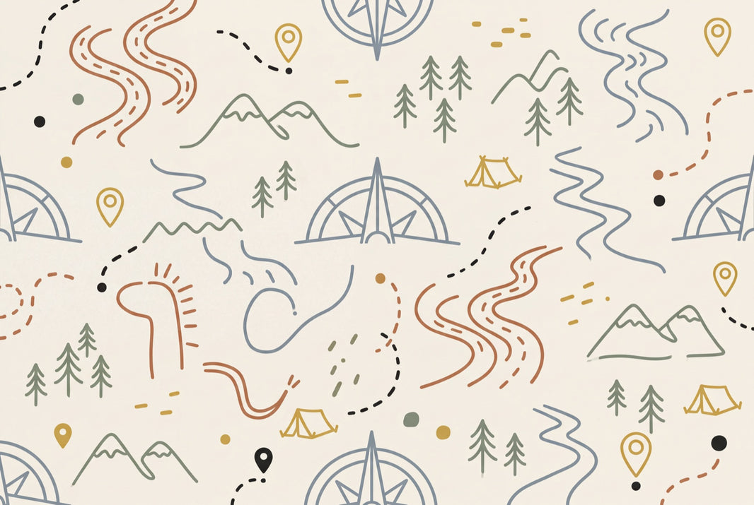 Adventure Map Wallpaper Camping Mountains Wall Mural pattern artwork