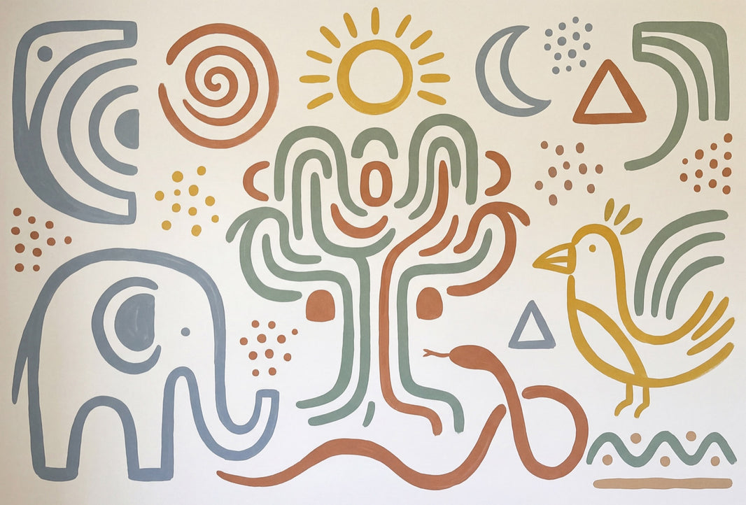 Folk Art Wallpaper Elephant Geometric Icons Removable Wall Decor pattern artwork