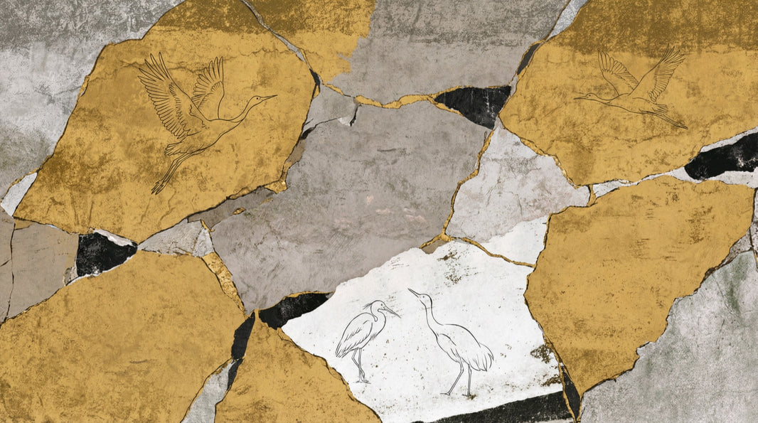 Cracked Plaster Wallpaper Stone Texture Removable Wading Birds Wall Decor pattern artwork