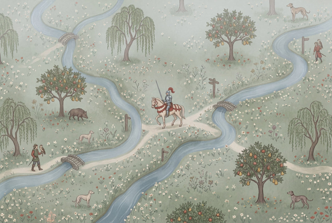 Pastoral Landscape Wallpaper Storybook Map Winding River Wall Mural pattern artwork