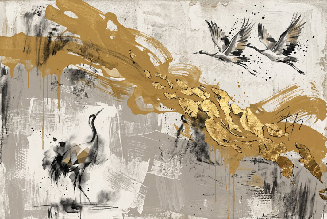Cranes Wallpaper Gold Mixed Media Removable Wall Decor pattern artwork