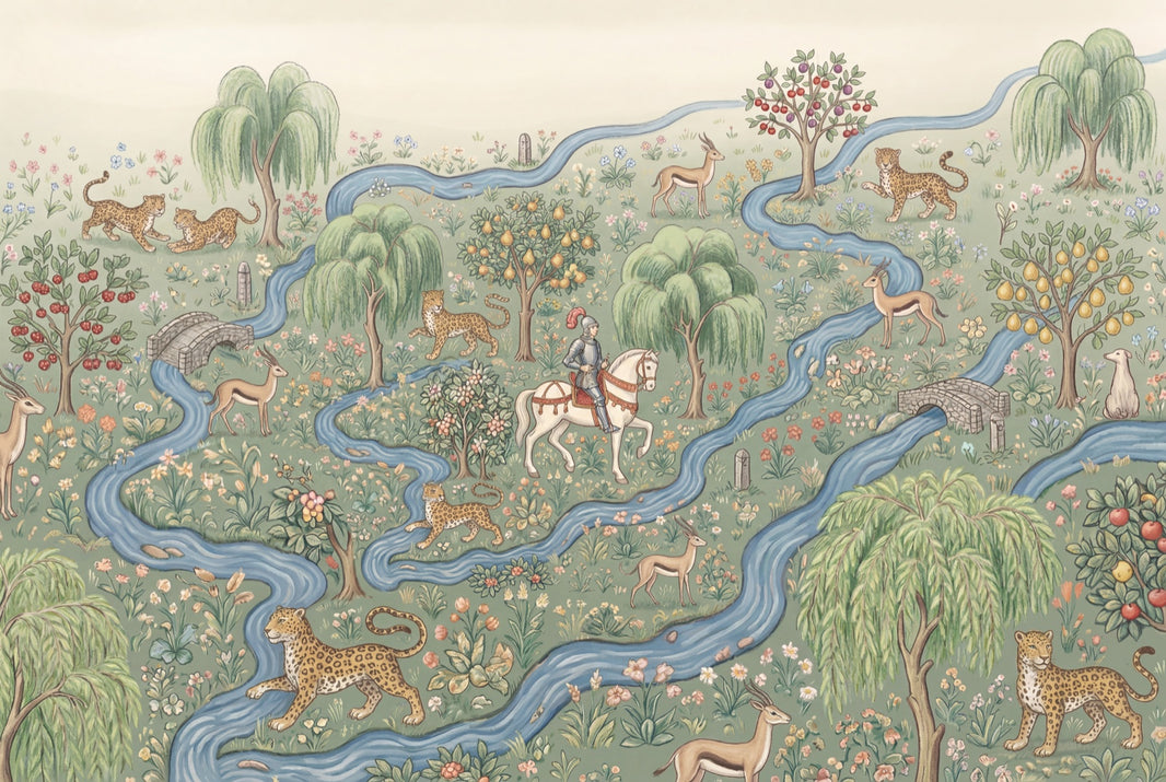 Pastoral Landscape Wallpaper Toile Illustration Winding River Removable Wall Decor pattern artwork