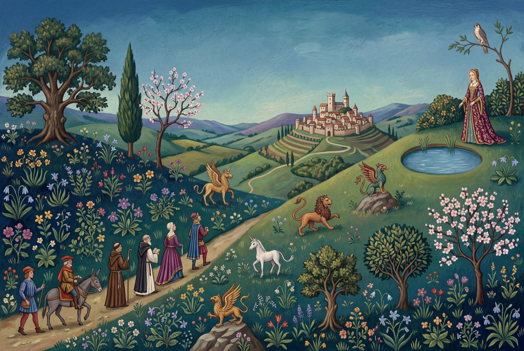 Medieval Landscape Wallpaper Storybook Illustration Castle Town Wall Mural pattern artwork