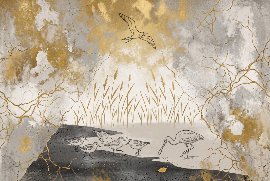 Abstract Landscape Wallpaper Shorebirds Wetland Reeds Removable Wall Decor pattern artwork