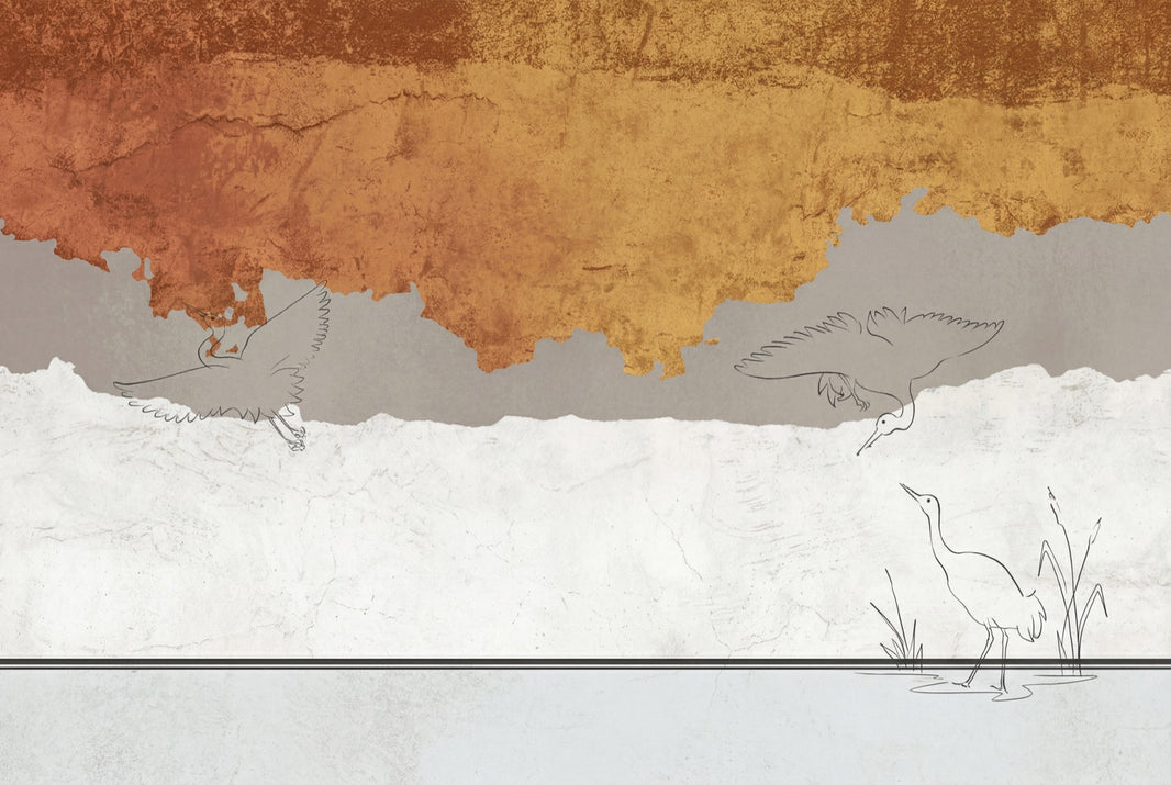 Abstract Landscape Wallpaper Wading Birds Textured Plaster Wall Mural pattern artwork