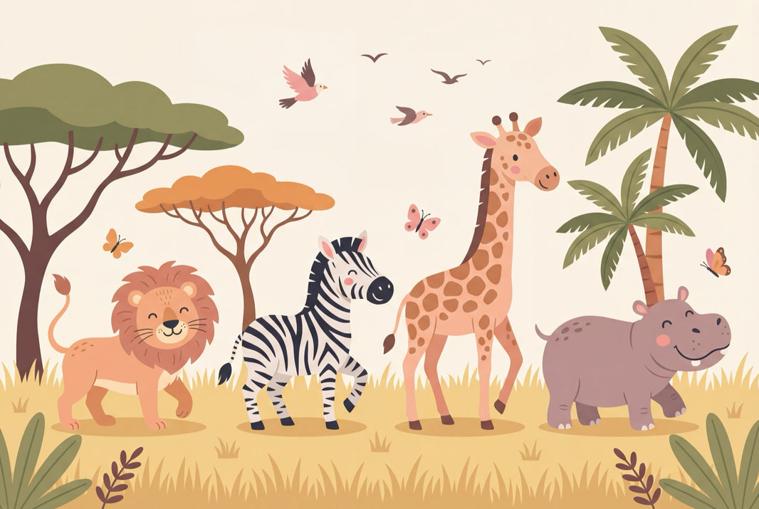 Safari Animals Wallpaper Tropical Cartoon Wall Mural pattern artwork