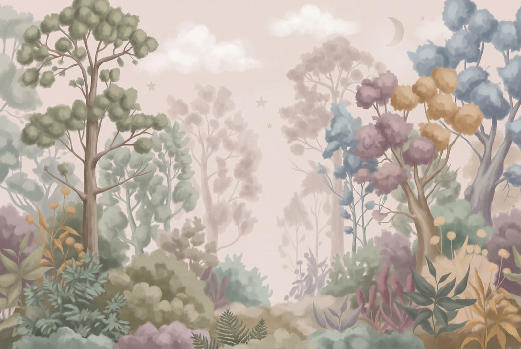 Pastel Forest Wallpaper Watercolor Landscape Removable Misty Trees Wall Decor pattern artwork