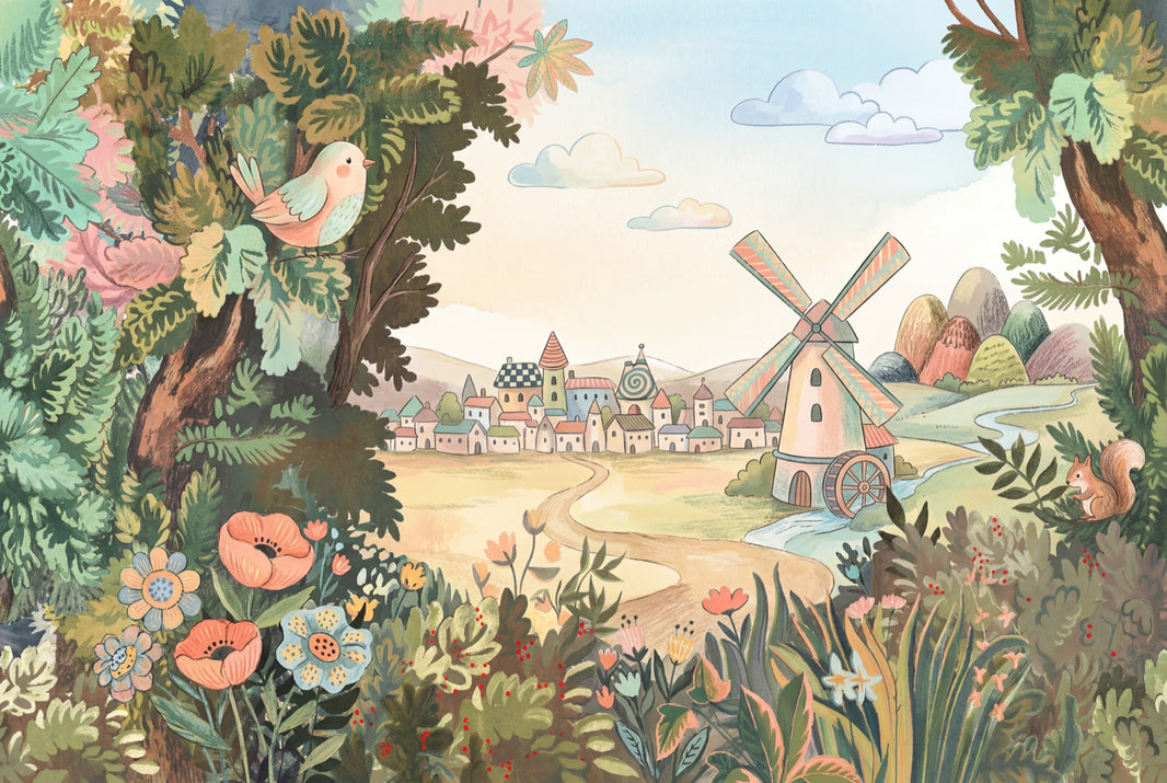 Storybook Landscape Wallpaper Countryside Village Windmill Removable Wall Decor pattern artwork