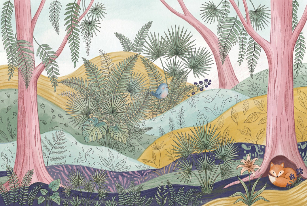 Whimsical Forest Wallpaper Enchanted Woodland Storybook Wall Mural pattern artwork