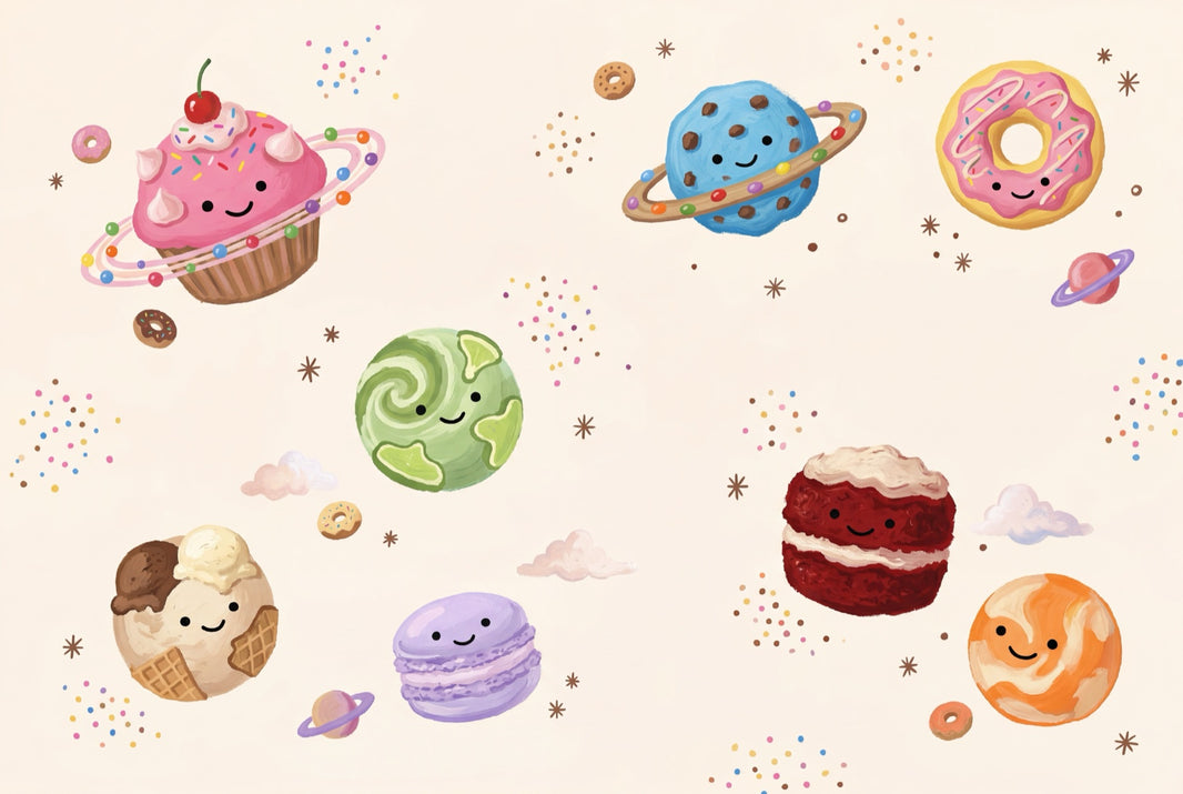 Space Desserts Wallpaper Cute Planets Pastel Sprinkles Wall Mural pattern artwork