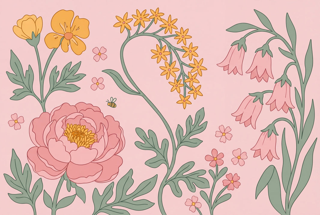 Botanical Illustration Wallpaper Pink Background Pastel Removable Wall Decor pattern artwork