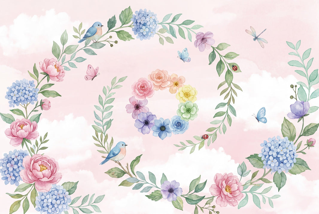 Floral Wreath Wallpaper Pastel Pink Background Birds Wall Mural pattern artwork