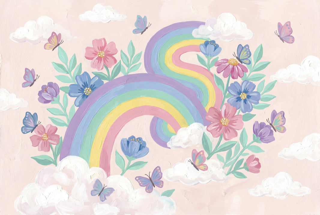 Pastel Rainbow Wallpaper Floral Bouquet Removable Butterflies Wall Decor pattern artwork