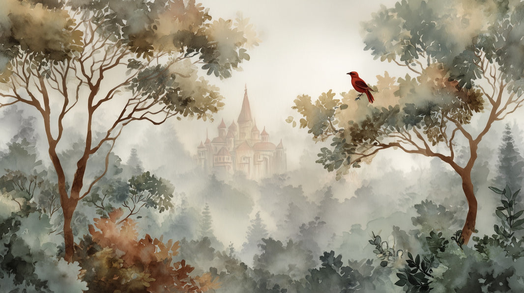 Castle Landscape Wallpaper Misty Bird Wall Mural pattern artwork