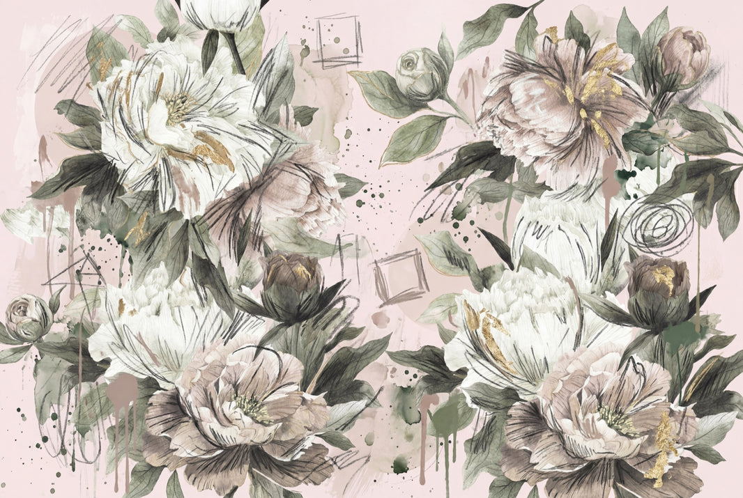 Peony Wallpaper Blush Pink Gold Accents Removable Wall Decor pattern artwork