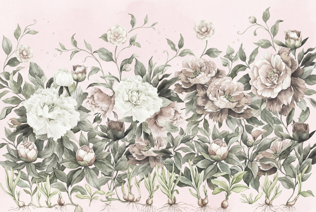 Peonies Wallpaper Watercolor Botanical Wall Mural pattern artwork