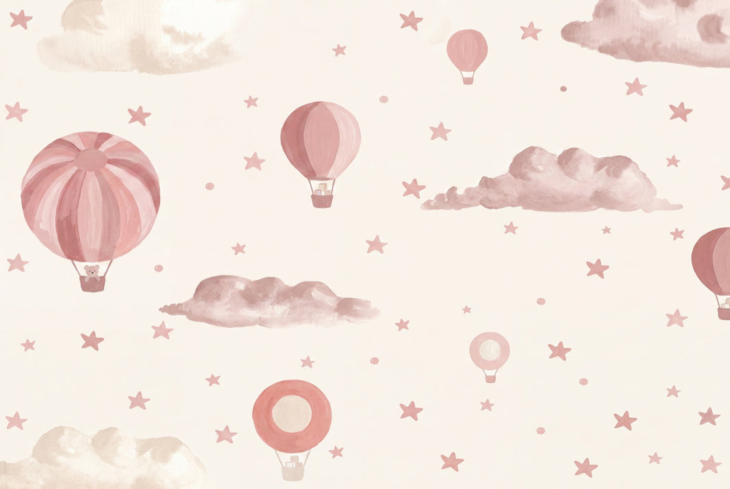 Hot Air Balloons Wallpaper Watercolor Clouds Removable Pink Stars Wall Decor pattern artwork