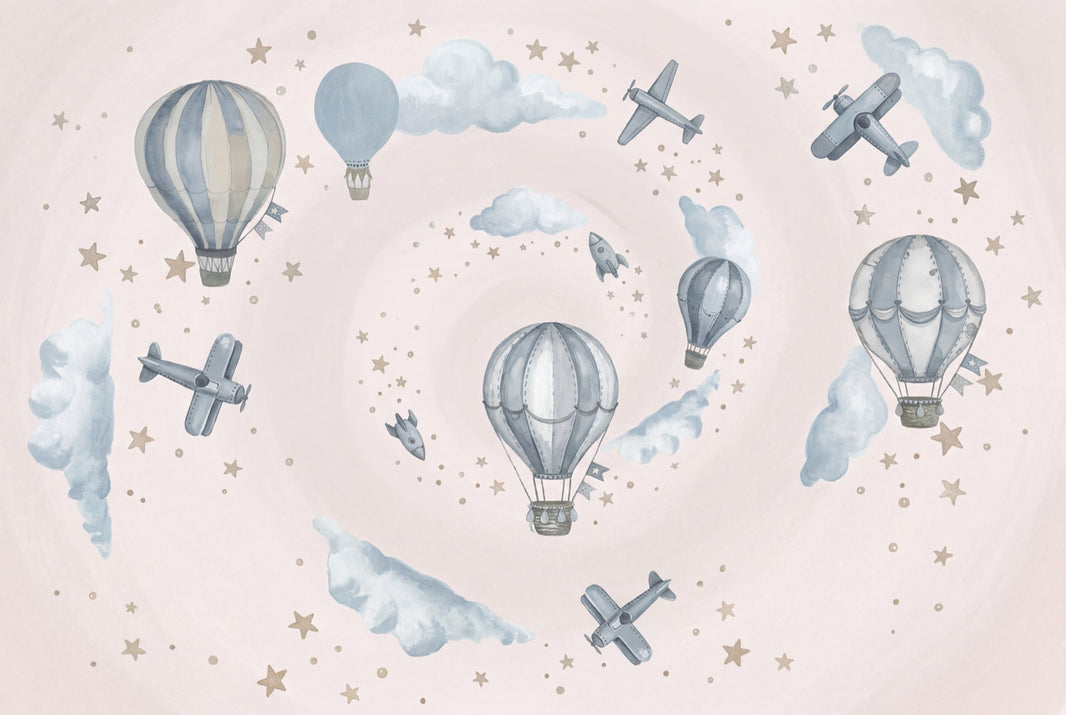 Hot Air Balloons Wallpaper Airplanes Clouds Removable Wall Decor pattern artwork