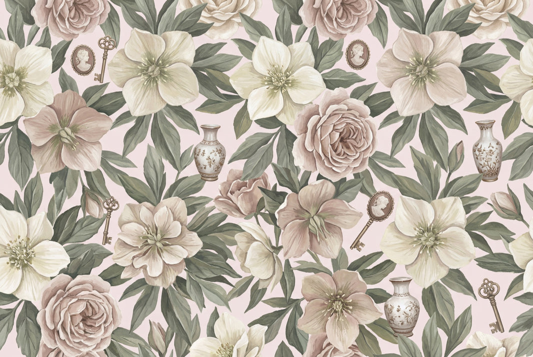 Floral Wallpaper Botanical Leaves Vintage Keys Wall Mural pattern artwork