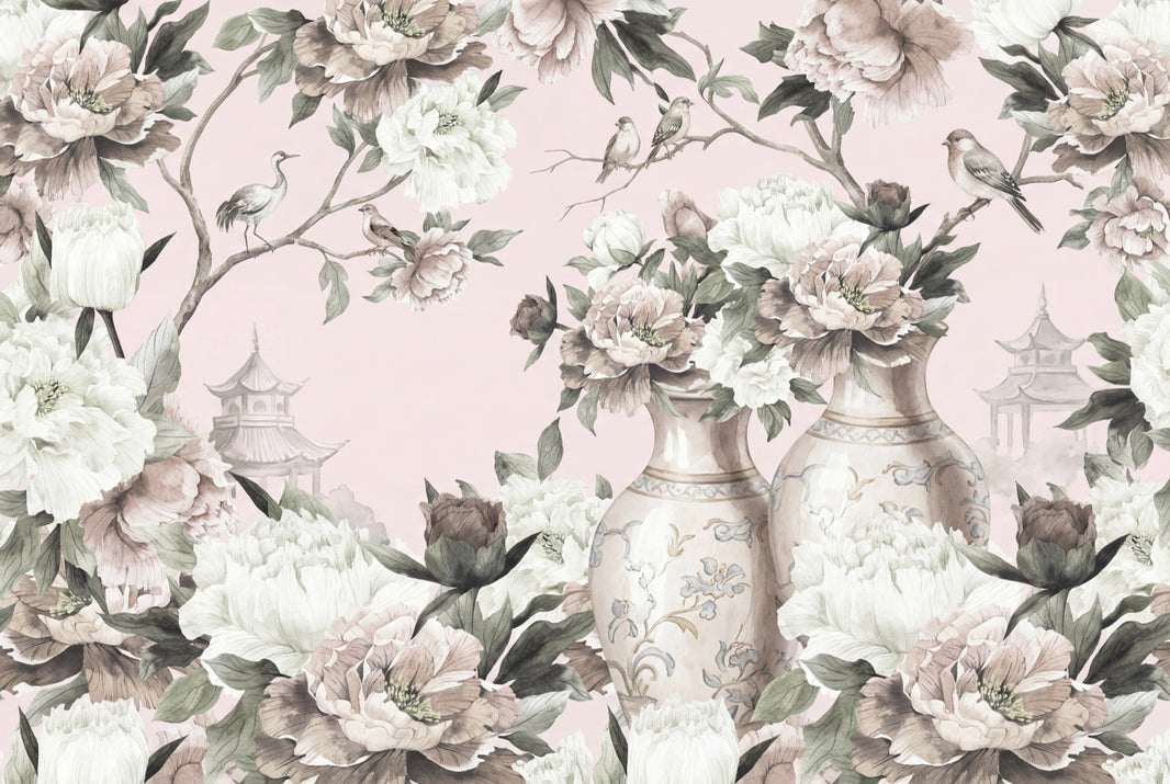 Chinoiserie Wallpaper Peonies Porcelain Vases Removable Wall Decor pattern artwork