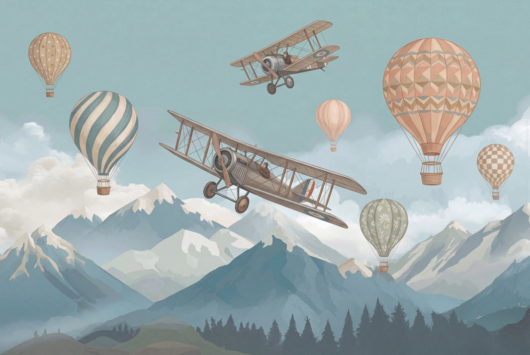 Vintage Biplane Wallpaper Pastel Sky Mountain Landscape Wall Mural pattern artwork