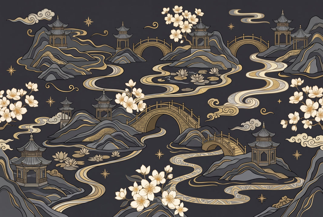 East Asian Landscape Wallpaper Pagodas Removable Gold Accents Wall Decor pattern artwork