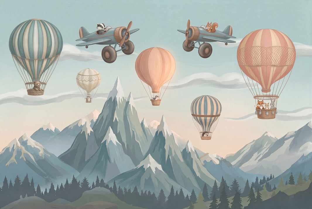 Mountain Landscape Wallpaper Hot Air Balloons Vintage Airplanes Wall Mural pattern artwork