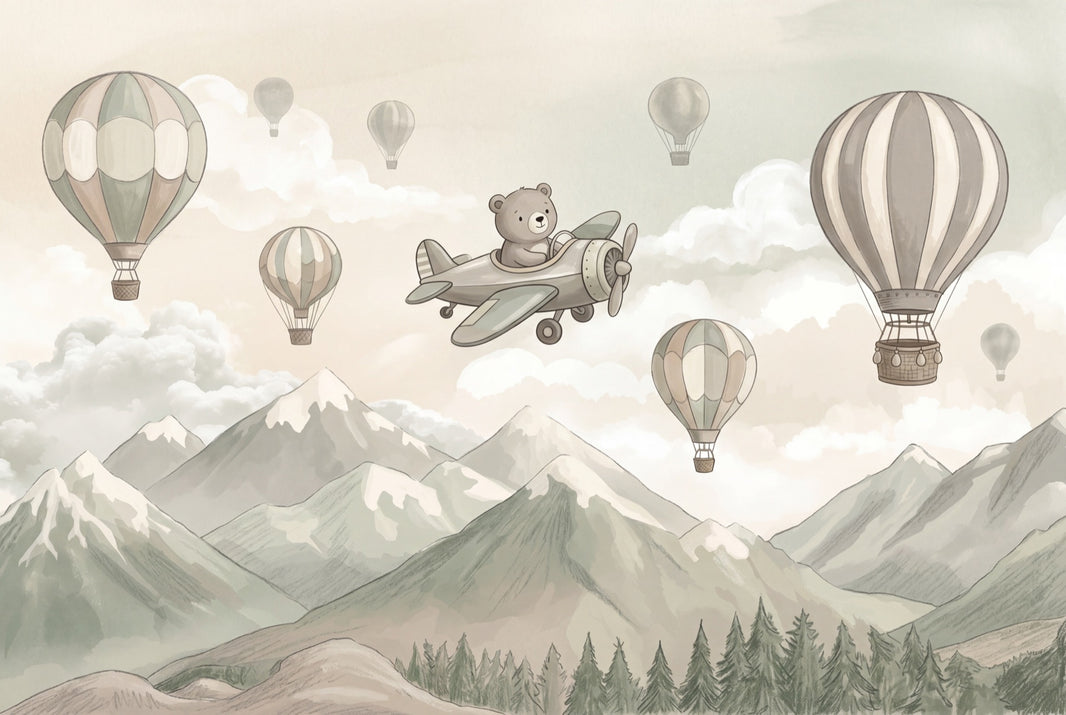 Whimsical Landscape Wallpaper Watercolor Mountains Hot Air Balloons Removable Wall Decor pattern artwork