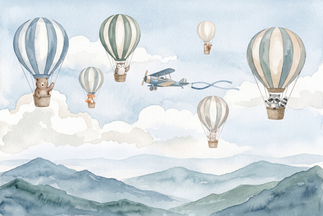 Watercolor Wallpaper Hot Air Balloons Woodland Animals Wall Mural pattern artwork