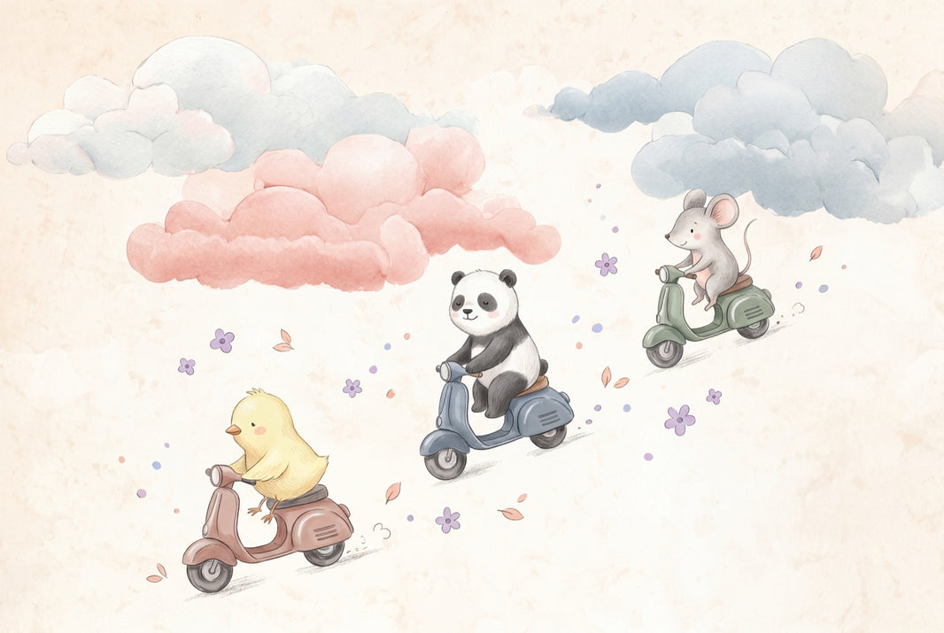Cute Animals Wallpaper Scooters Removable Pastel Wall Decor pattern artwork