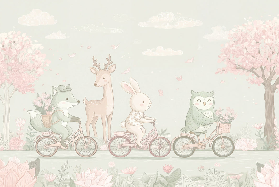 Woodland Animals Wallpaper Bicycles Spring Garden Removable Wall Decor pattern artwork