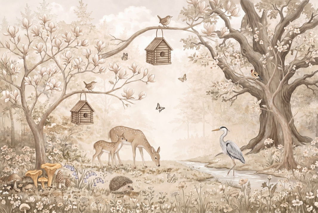 Woodland Landscape Wallpaper Vintage Watercolor Beige Neutral Removable Wall Decor pattern artwork