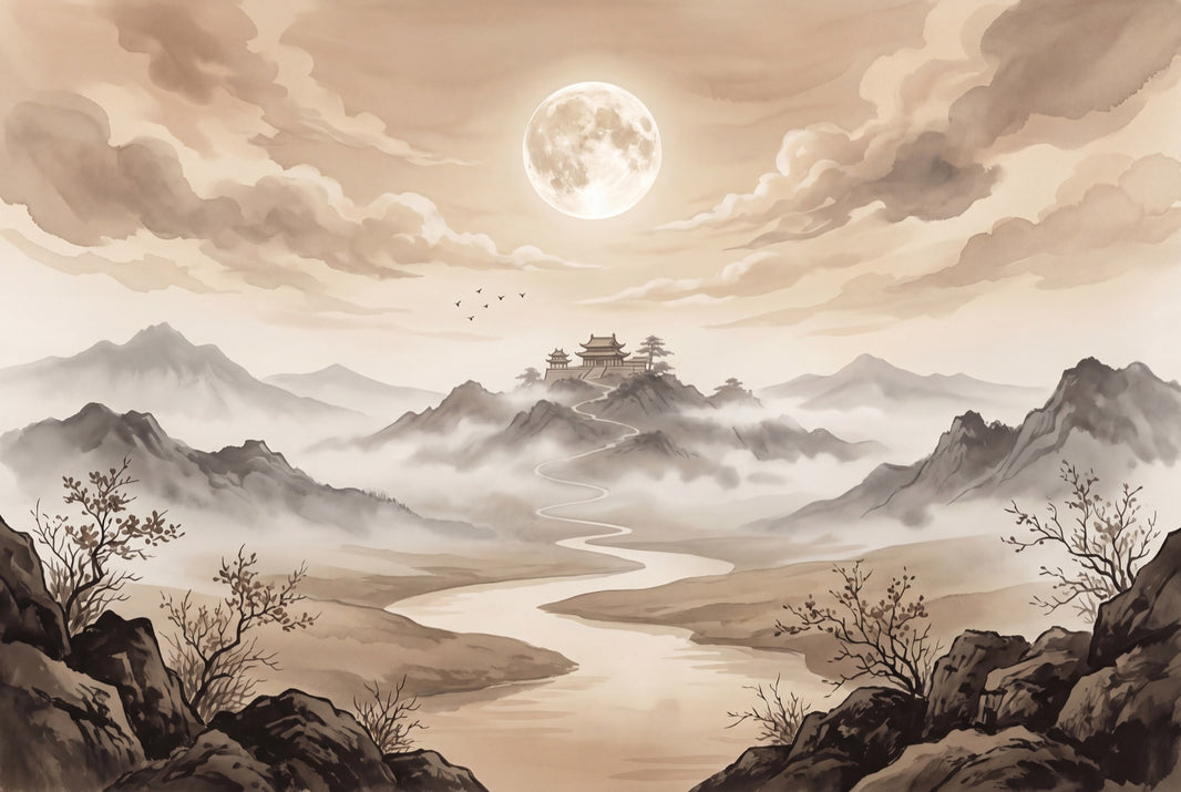 Misty Landscape Wallpaper Full Moon Pagoda Temple Wall Mural pattern artwork